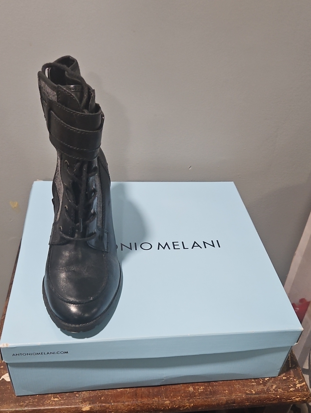 ANTONIO MELANI Black Lace-Up Leather Ankle Boot with Strap